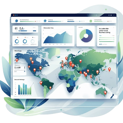 Global analytics dashboard showing world map with location pins and business performance charts