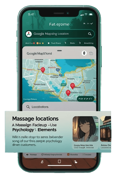 Smartphone displaying Google Maps with massage location pins and branding message overlay