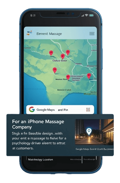 Smartphone displaying Google Maps with red location pins for nearby massage businesses