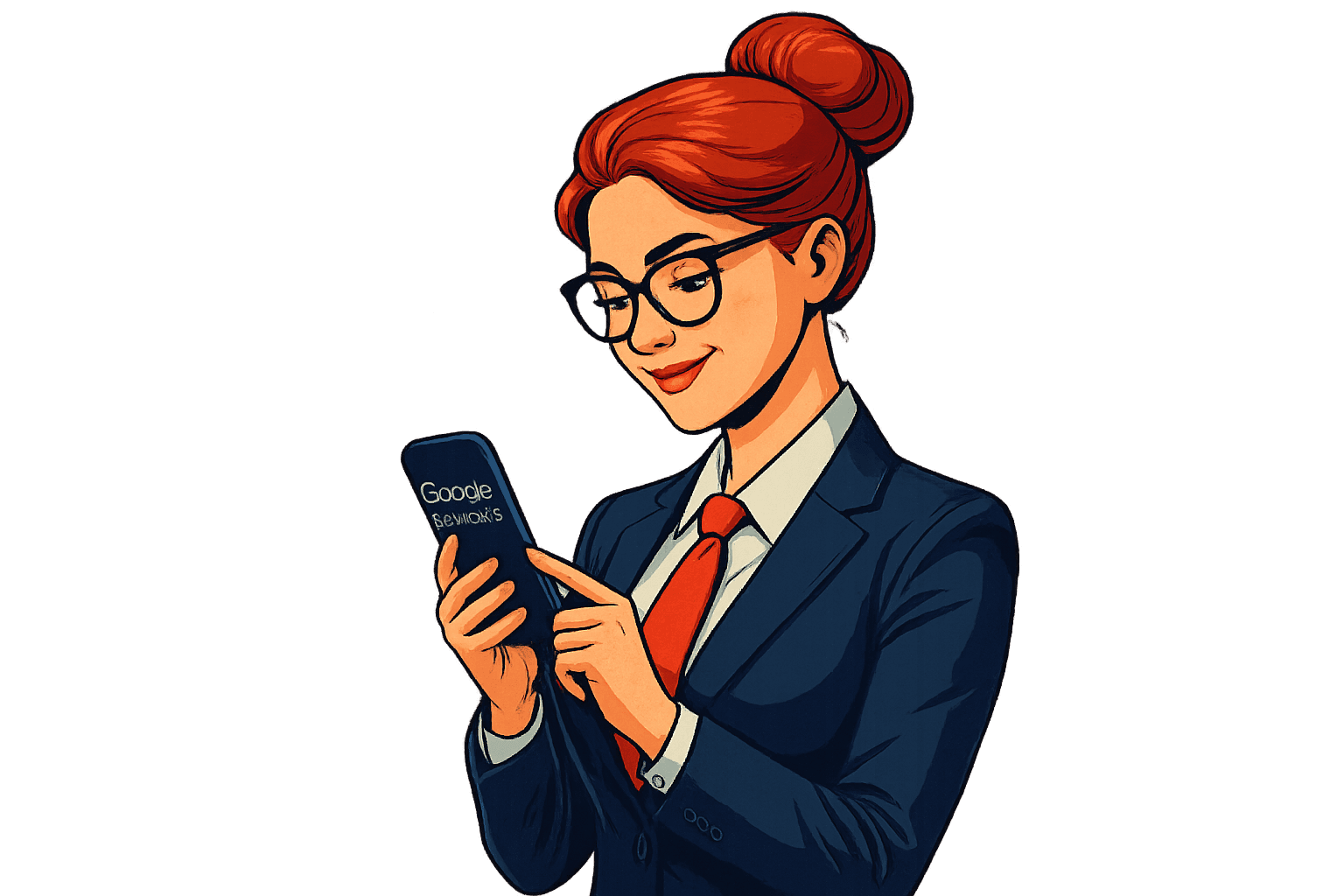 Female business professional reading Google reviews on smartphone illustration
