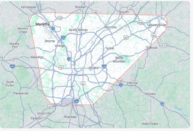 Map showing website setup and web design service areas in Atlanta, Tucker, Decatur, and nearby Georgia cities.