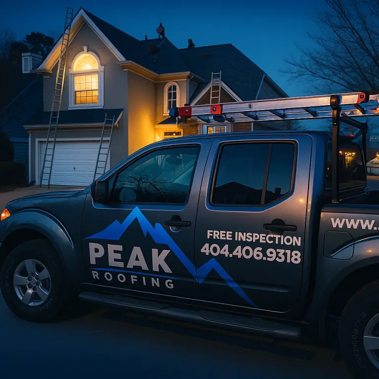 Peak Contracting GA work truck parked outside a home in Atlanta, GA during a roofing inspection.