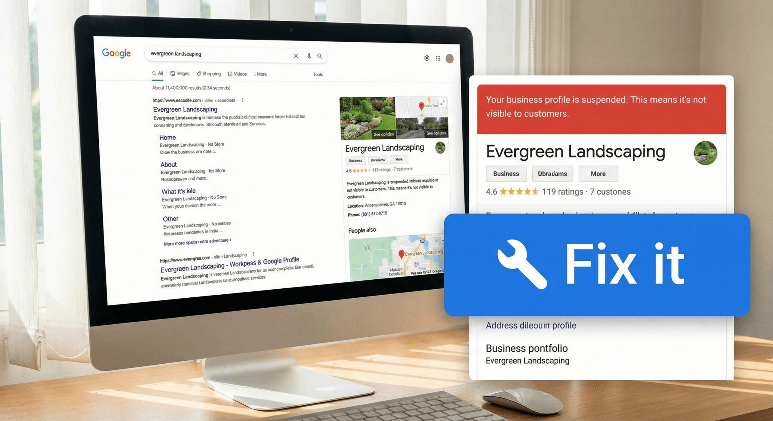 A screenshot of a suspended Google Business Profile listing with a guide on how to appeal the decision for Atlanta businesses.